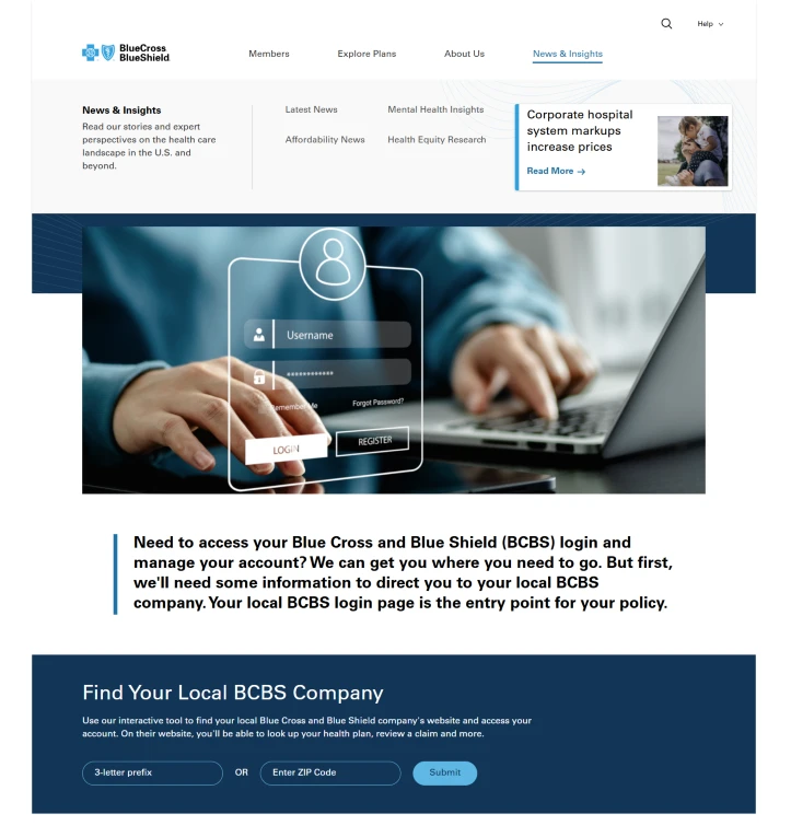 Blue Cross Blue Shield member login interface displayed on a computer screen, emphasizing easy access to health plan accounts and services
