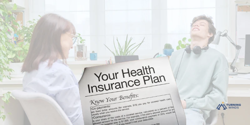 Health insurance plan document with a smiling teen and therapist in the background, representing teen residential treatment insurance coverage for teens. (AETNA, TRICARE East)