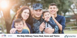 Military family smiling outdoors together; Turning Winds and TRICARE East providing teen mental health support.