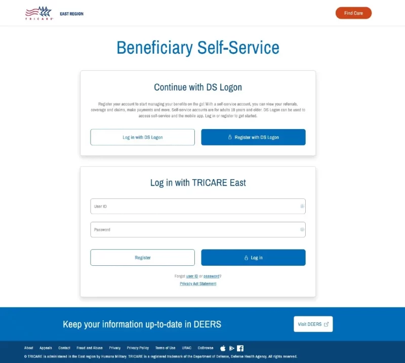 TRICARE East Beneficiary Self-Service login page for military families to access mental health benefits and insurance coverage information.