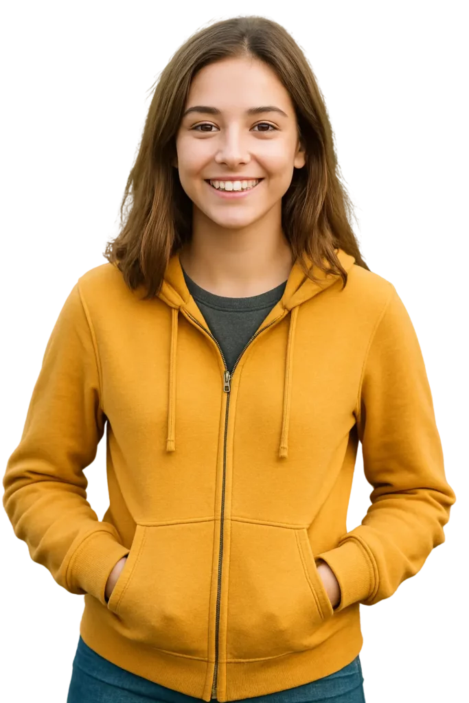 Smiling teenage girl wearing yellow hoodie at Turning Winds therapeutic boarding school for troubled girls